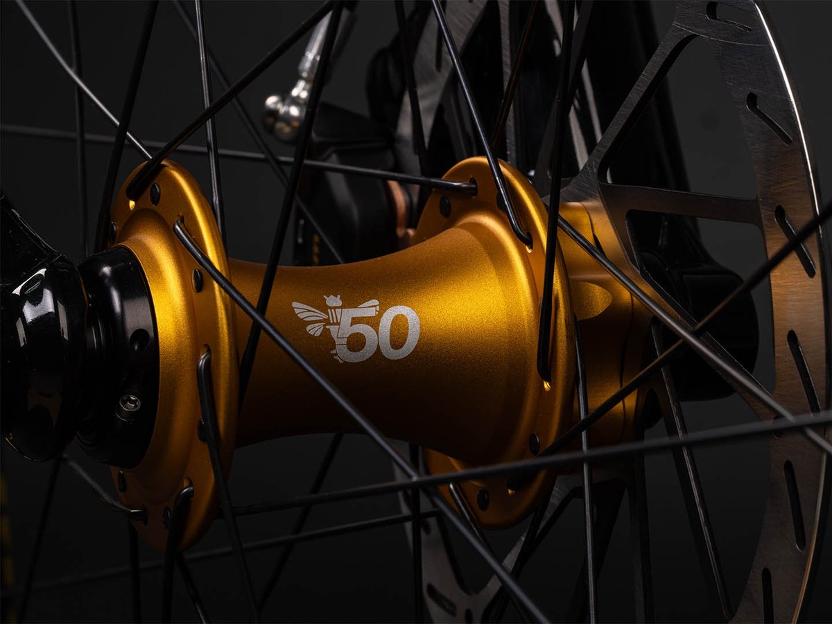 Close-up of a gold anodized front hub with "50" anniversary logo, laced to black spokes near a disc rotor.