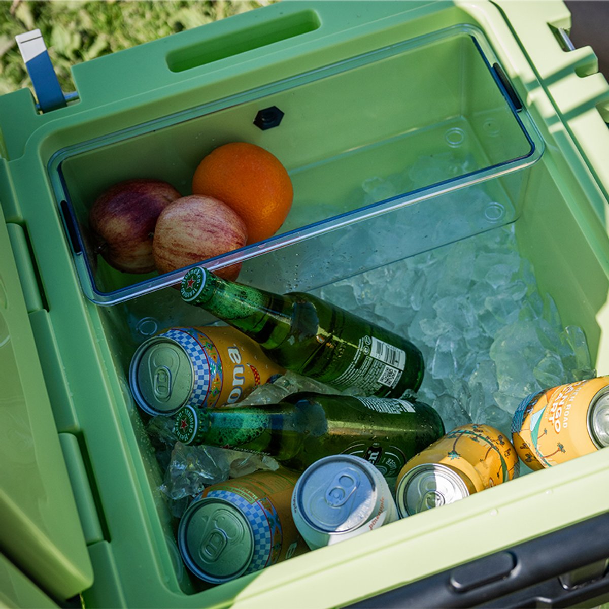 Open RovR RollR cooler showing ice, canned and bottled drinks, fruit, and a removable internal organizer bin