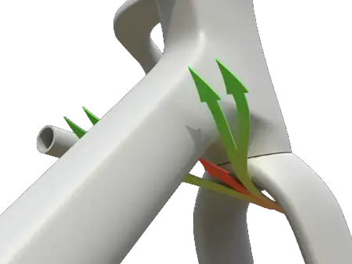 Technical graphic of Ridley Falcn diffuser fork crown showing redirected airflow and turbulence.