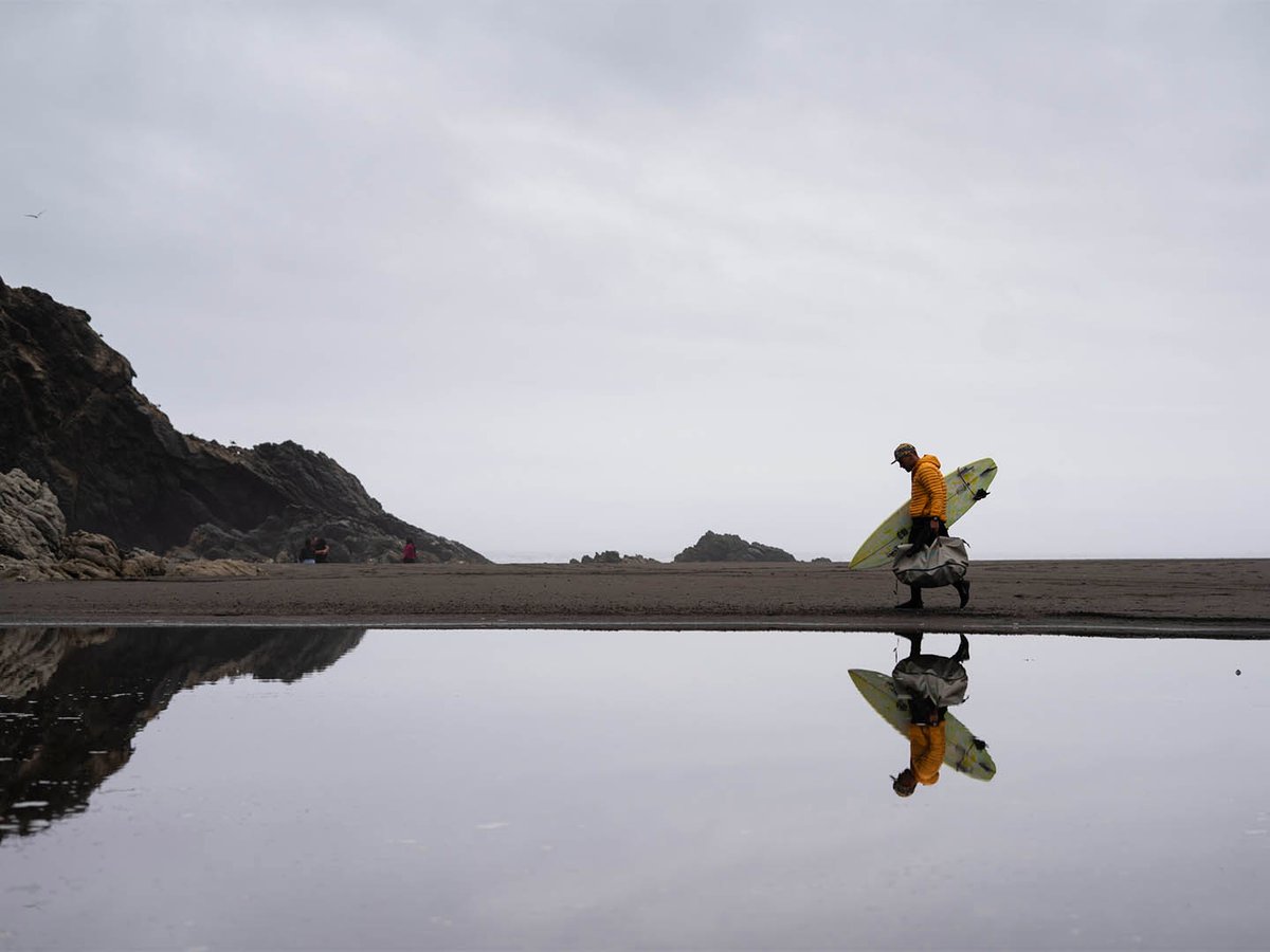 Person carrying surfboard along waters edge.