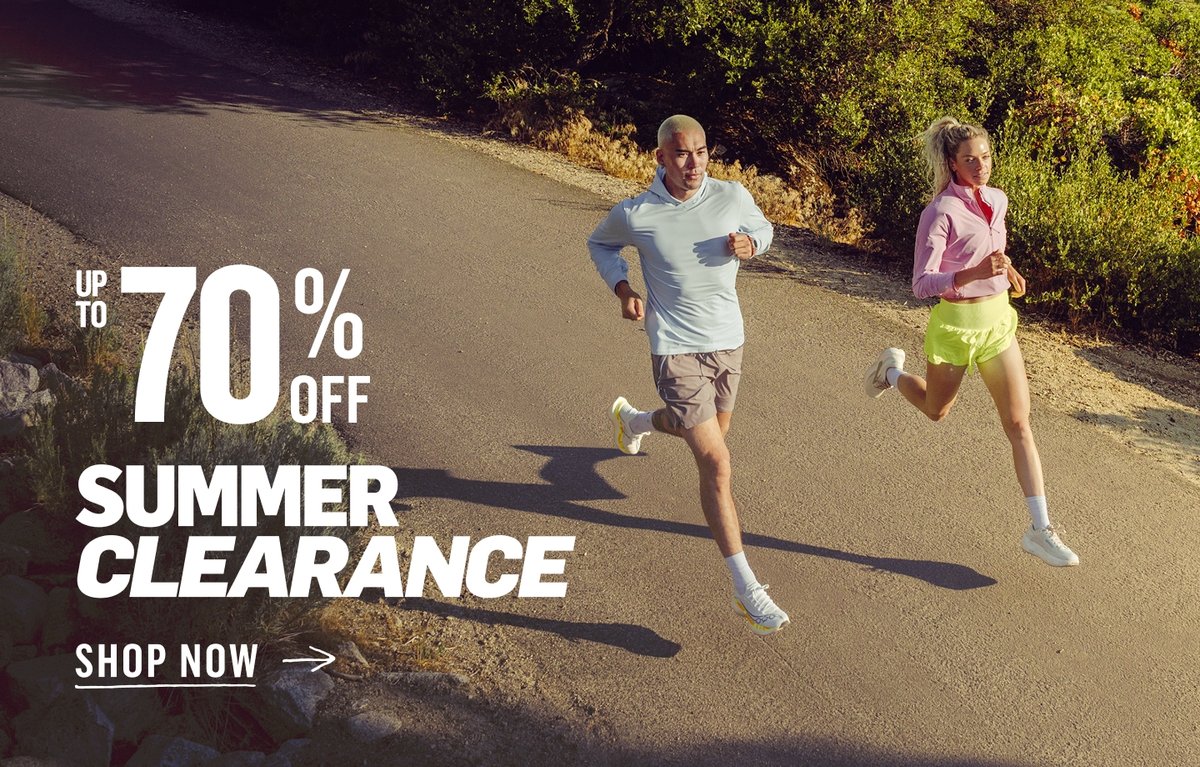 Two runners on a sun-drenched paved path in lightweight running gear, with text reading "Up to 70% Off Summer Clearance."