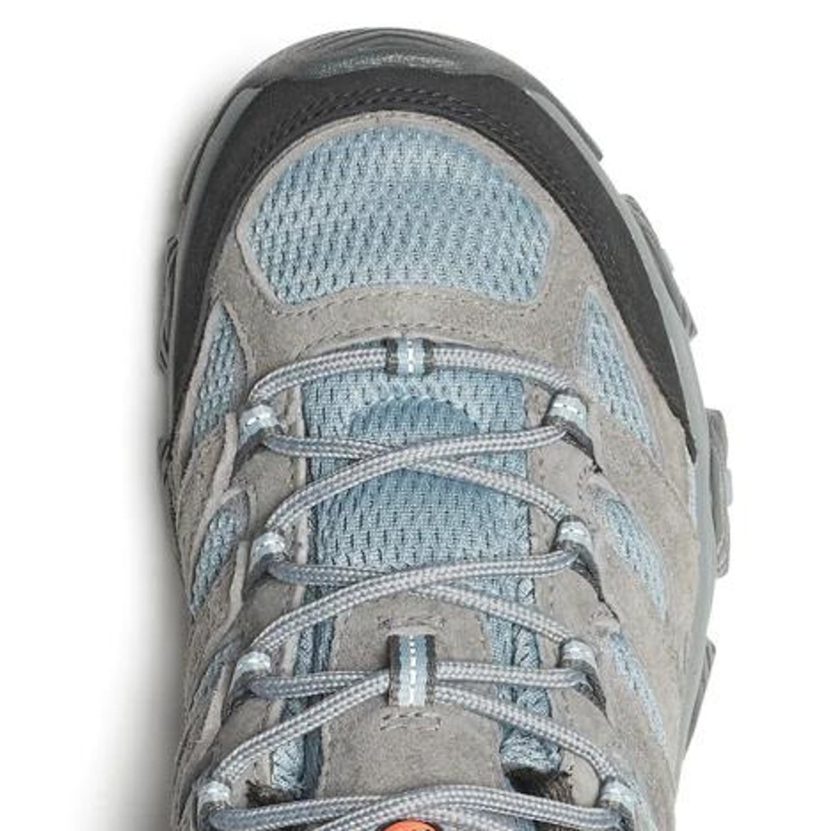 Close-up of the upper lacing system and tongue on a gray and blue Merrell hiking boot, showing suede and mesh construction.