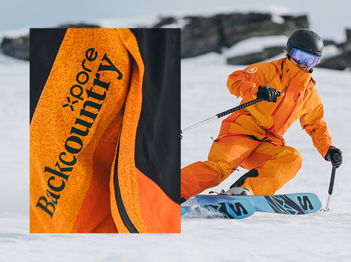 A skier in an orange Cottonwoods LT kit carving. An inset photo shows a closeup of the sleeve, which has the Xpore and Backcountry logos side by side.