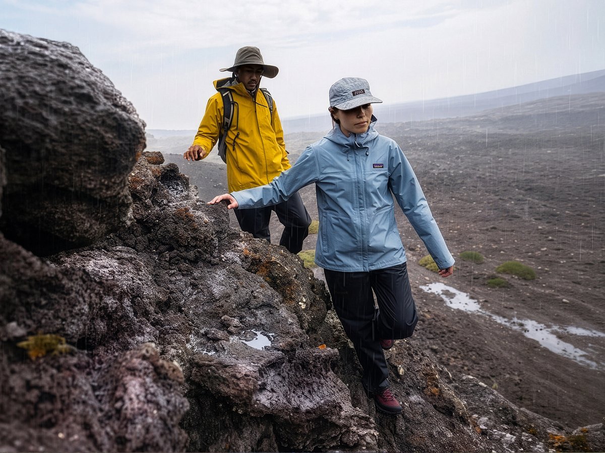 Two hikers walk in the rain. One is wearing a bright-yellow jacket and the other is wearing a blue jacket.