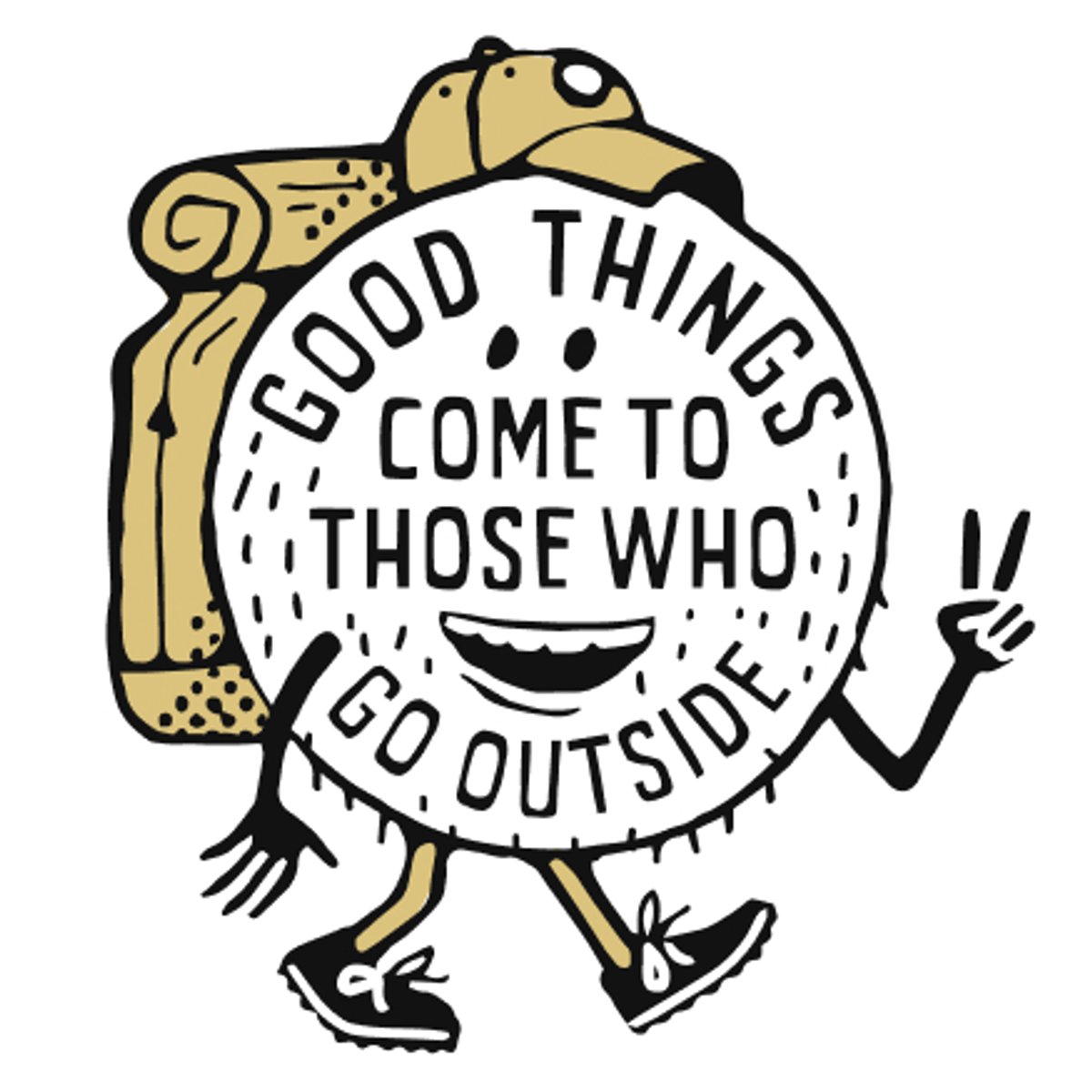 Illustration of a round character with a backpack, cap, and trail shoes flashing a peace sign, with the text “Good things come to those who go outside.