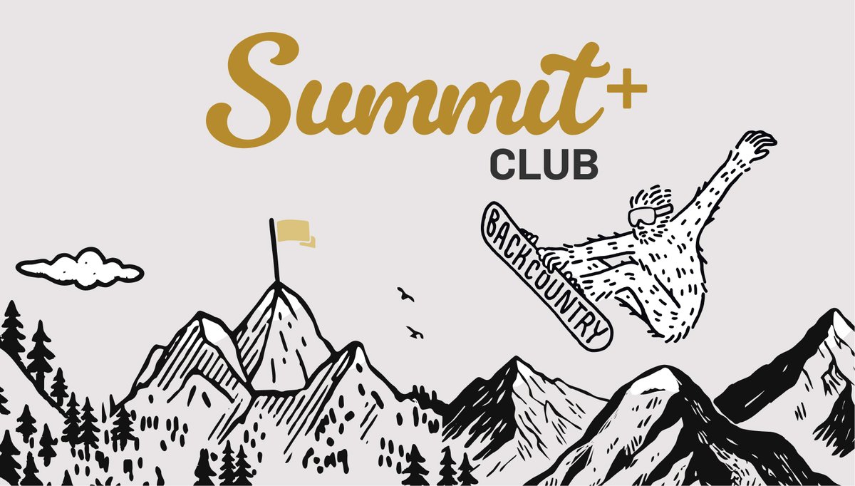 Illustrated mountain landscape with the Backcountry Yeti snowboarding overhead, featuring the Summit+ Club logo.