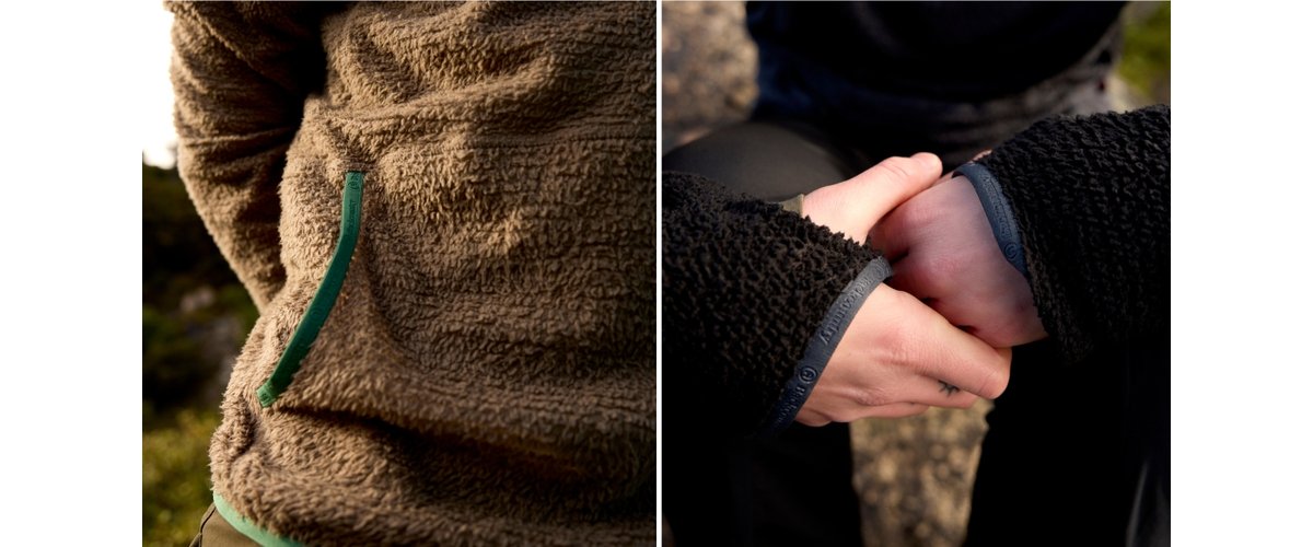 A close-up view of two people wearing Highliner Fleece outdoors. The left side shows the soft yet thin fleece pile and a green-trimmed pocket, while the right side focuses on hands clasped together with black fleece sleeves and thumb holes visible.