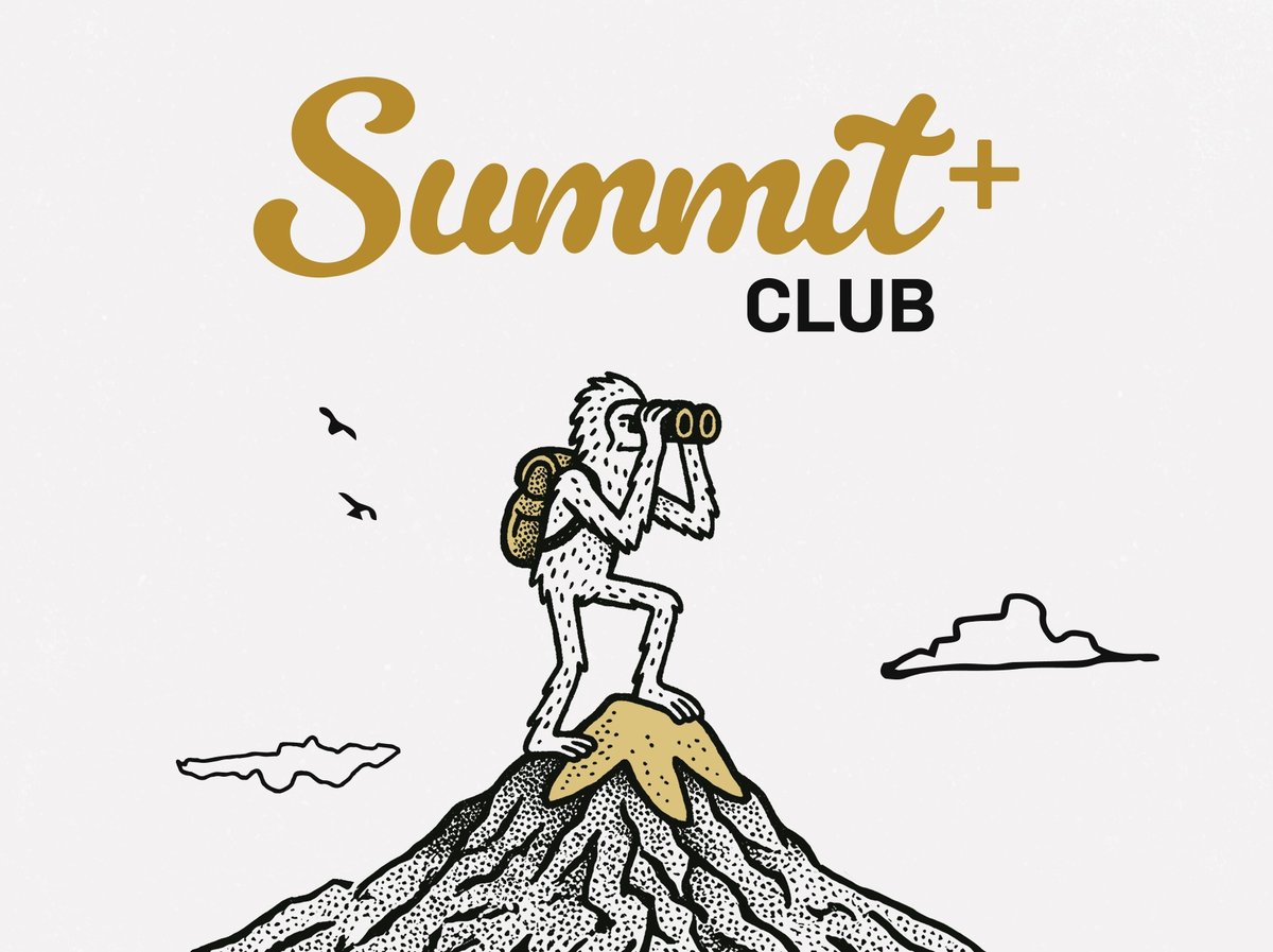 An illustrated yeti stands on top of a mountain. He’s look out with binoculars. The words, “Summit Club+” appear above him.