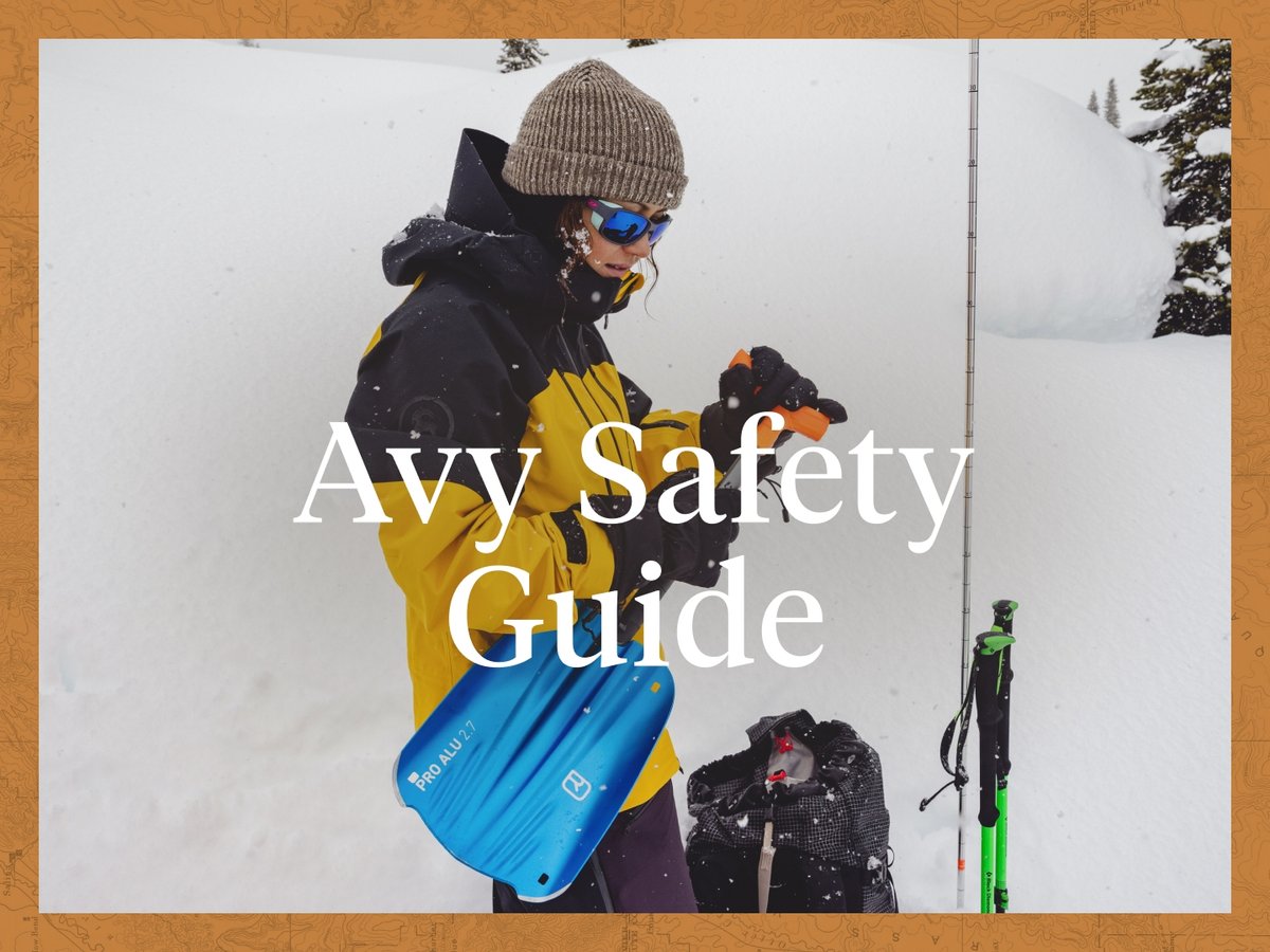 A woman digs in the snow with a shovel, words say “Avy Safety Guide” over her.
