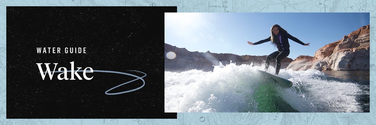 A wake boarder carves on a wave. The words, “Water Guide, Wake” appear to the left.