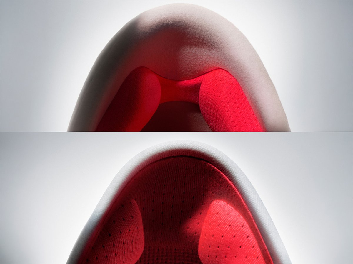 Two-panel detail shot of a shoe heel collar: top panel shows red molded cushioning pods from the exterior; bottom panel shows the same pods from the interior looking down into the collar.