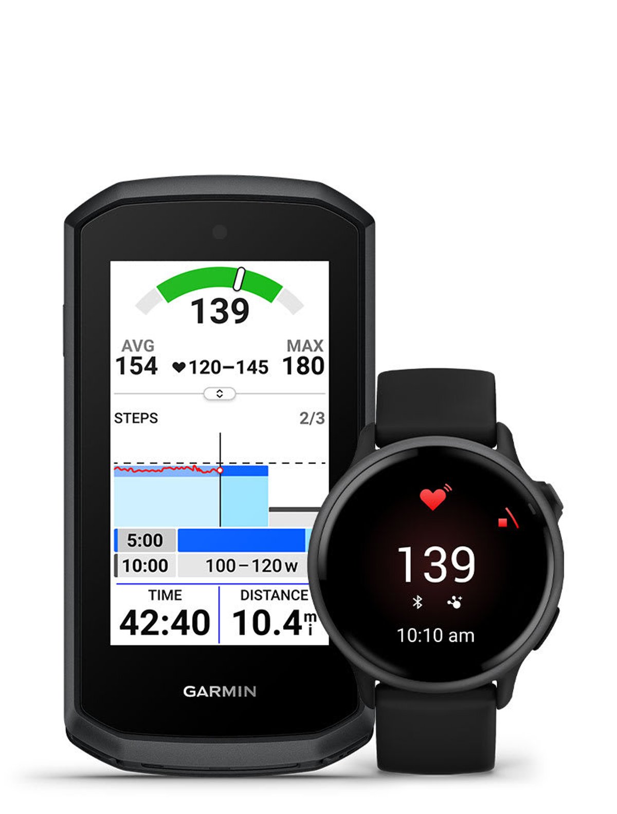 Edge Explore 3 and a Garmin smartwatch both showing a heart rate of 139