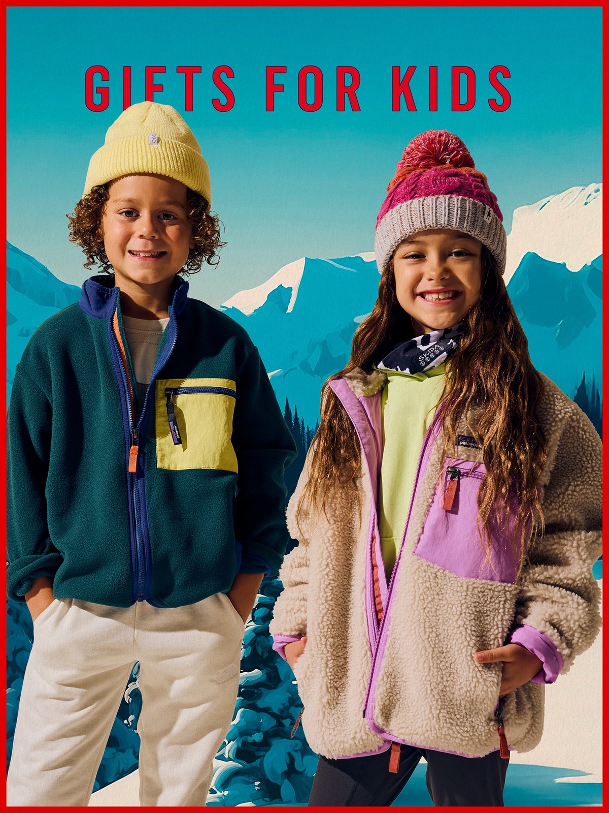 A vintage poster with two kiddos wearing fleece jackets and colorful beanies smiling broadly. Behind them is a snowy mountain illustration with the words Gifts For Kids in red.