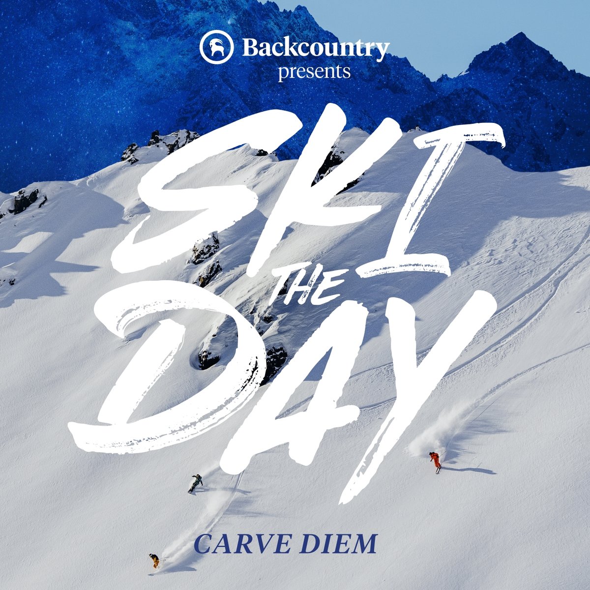 An aerial shot of skiers carving in the backcountry, with text that reads "Backcountry presents: Ski the Day.  Carve Diem"