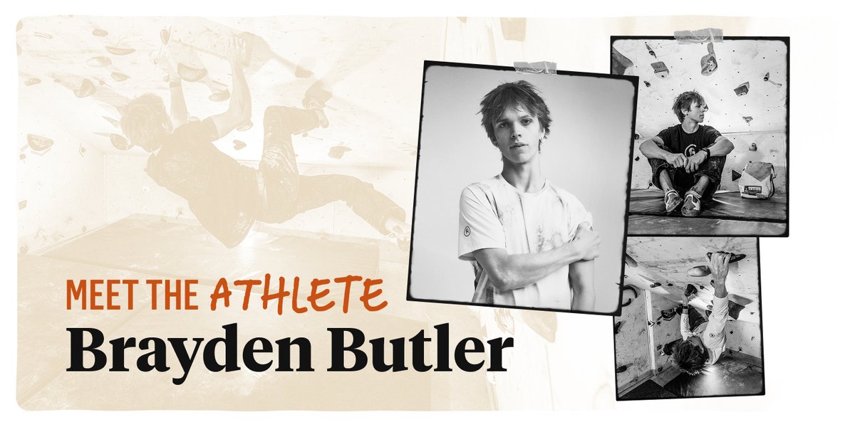 A trio of black and white photos of Backcountry Athlete Brayden Butler. Two are shots of him climbing in his home gym, andd the third is a head shot.