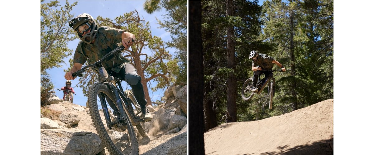 Two photos show mountain bikers navigating rugged forest trails. The left image features a biker riding down a rocky slope with another rider in the background, while the right image captures a biker mid-air, performing a jump on a dirt trail surrounded by tall pine trees. Both riders wear helmets and protective gear.