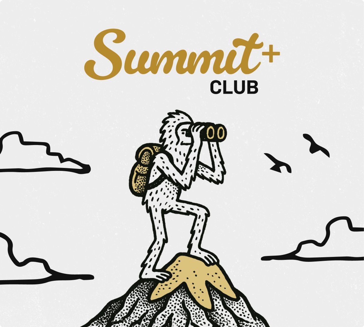 Illustrated Yeti with binoculars on a mountain summit. Summit Club+. 