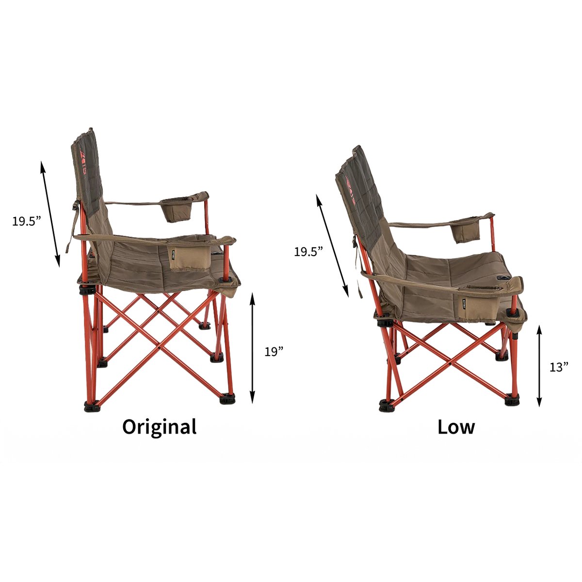 The Kelty Loveseat has a 19.5" back and a height of 19" from seat to ground. The Kelty Low Loveseat has a 19.5" back and a height of 13" from seat to ground.