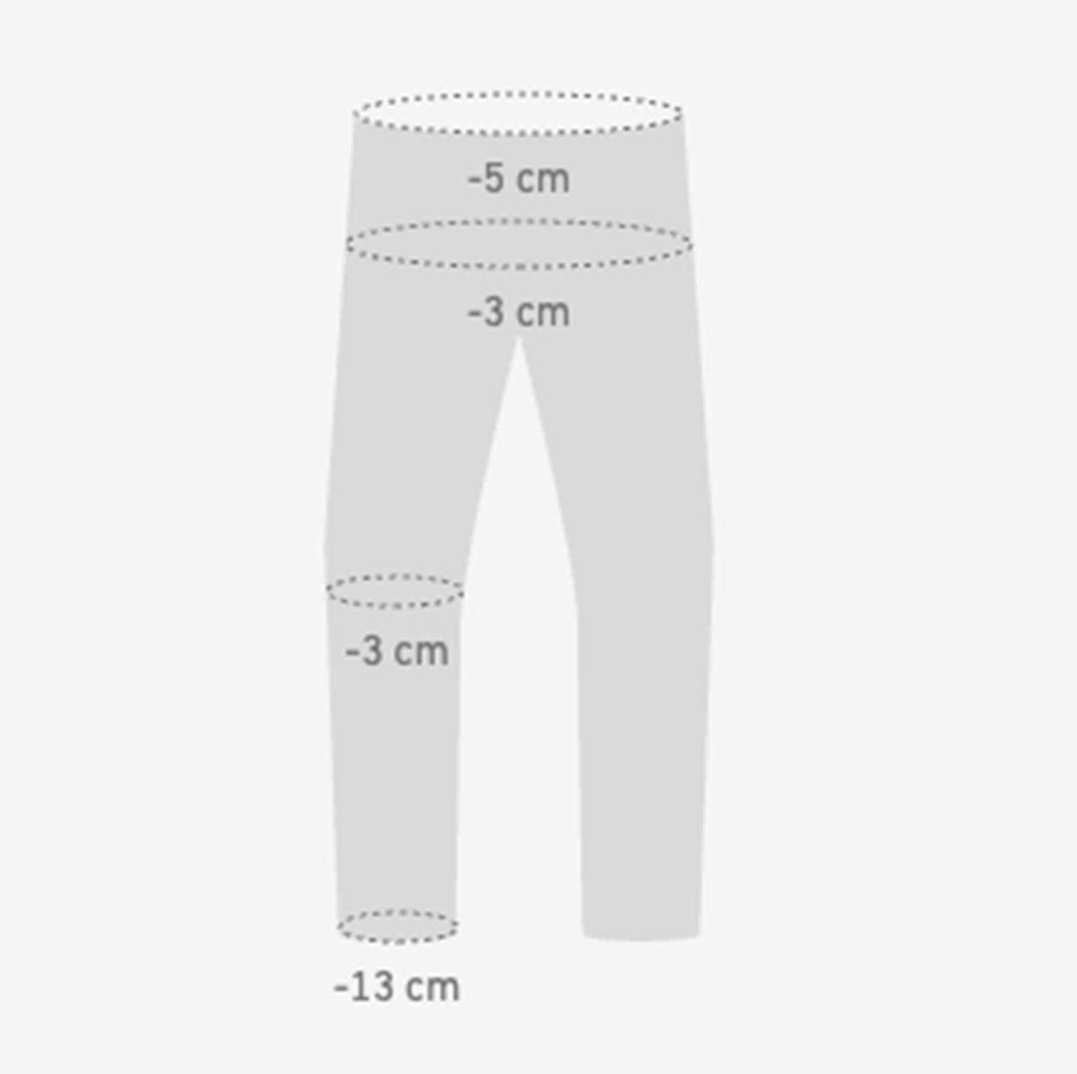 A pair of pants with -5 cm around the waistband, -3 cm around the lower hips, -3 cm around the knee, and -13 cm around the cuff.