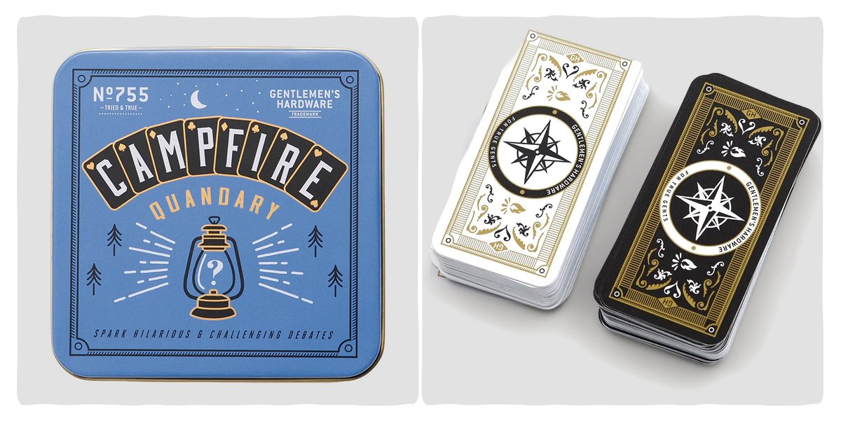 Two decks of narrow cards and a tin box that reads “Campfire Quandary: spark hilarious and challenging debates.”