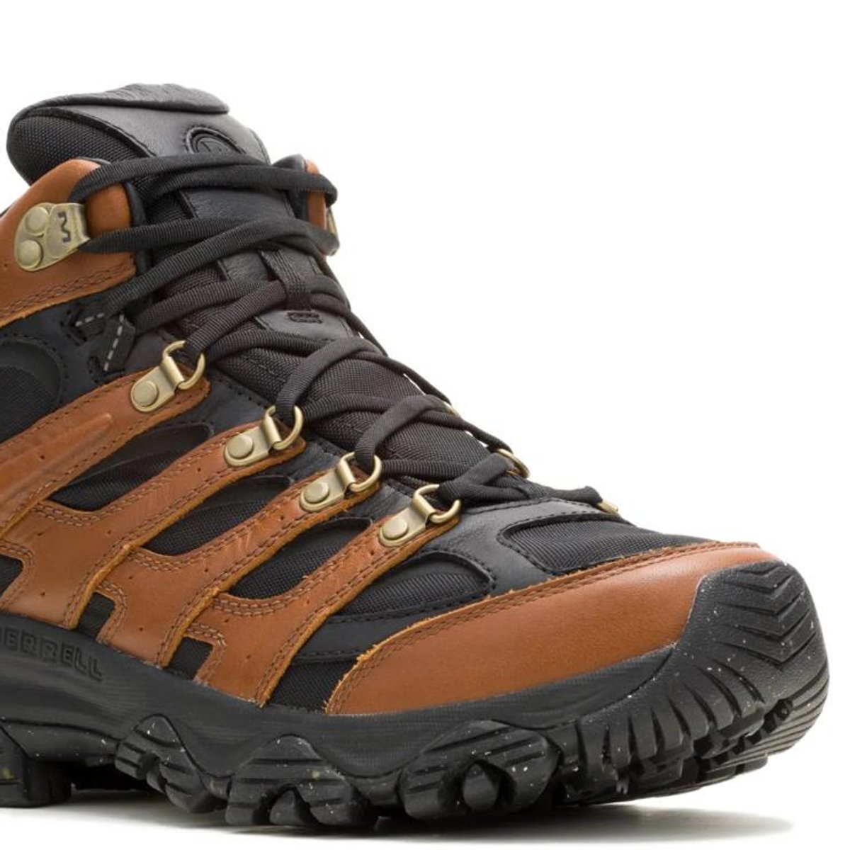 Close-up of the side of Merrell hiking shoe, showing leather waterproof upper.