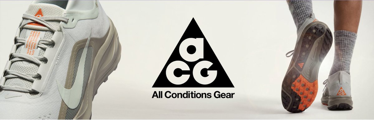 Nike ACG (All Conditions Gear) logo centered between close-up shots of light gray trail shoes showing mesh upper and orange-lugged outsole.