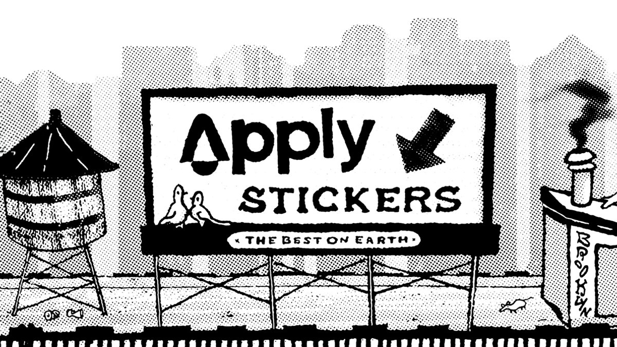 Vintage black and white roadside advertisement sign for Apply Stickers with "The Best on Earth" tagline, featuring a cityscape and water tower graphics.