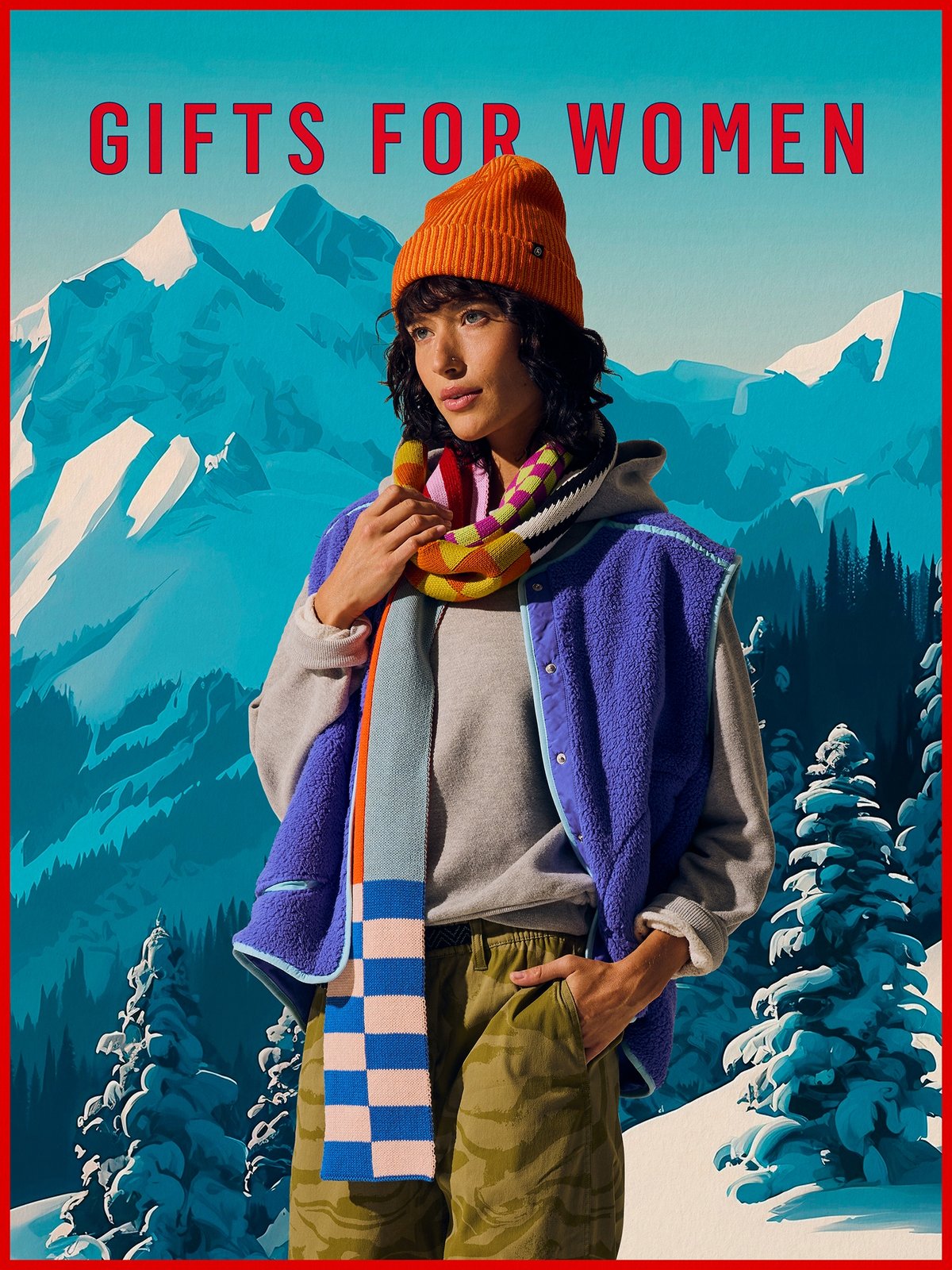 A vintage-feeling poster depicting a woman wearing climbing pants, a sweatshirt, fleece vest, colorful scarf, and orange beanie. Behind her the words Gifts For Women appear above illustrated snowy mountains and pine trees.