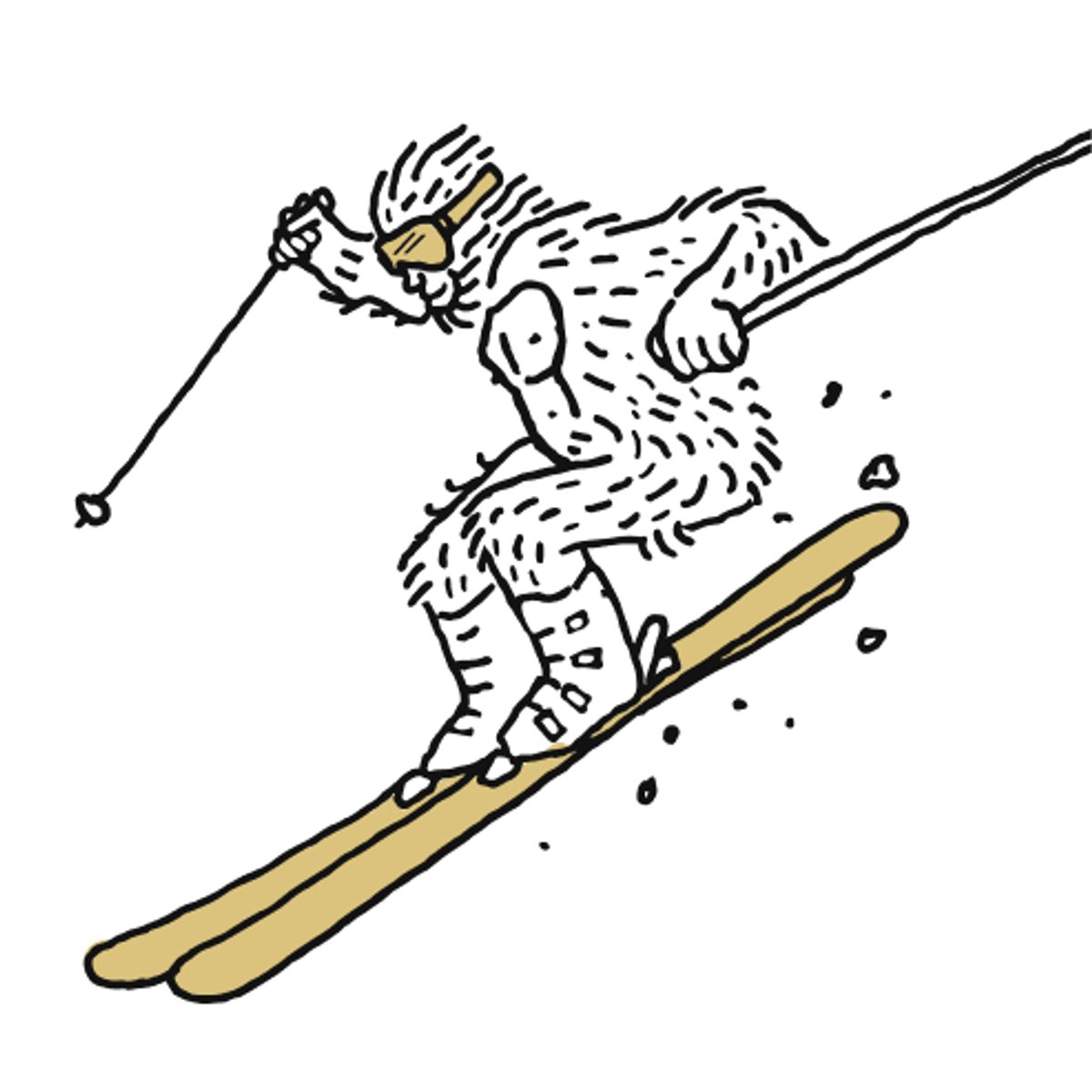 Illustration of the Backcountry Yeti wearing goggles, skiing downhill with snow spraying.