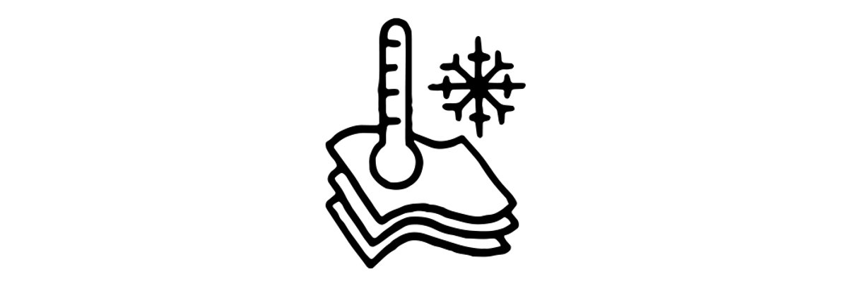 A line drawing of a thermometer on top of three layers of fabric, with a snowflake next to it.