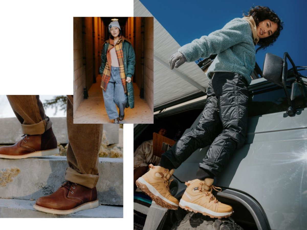 A woman wearing oversized denim jeans, a man wearing cuffed corduroy trousers, and a second woman wearing insulated joggers.