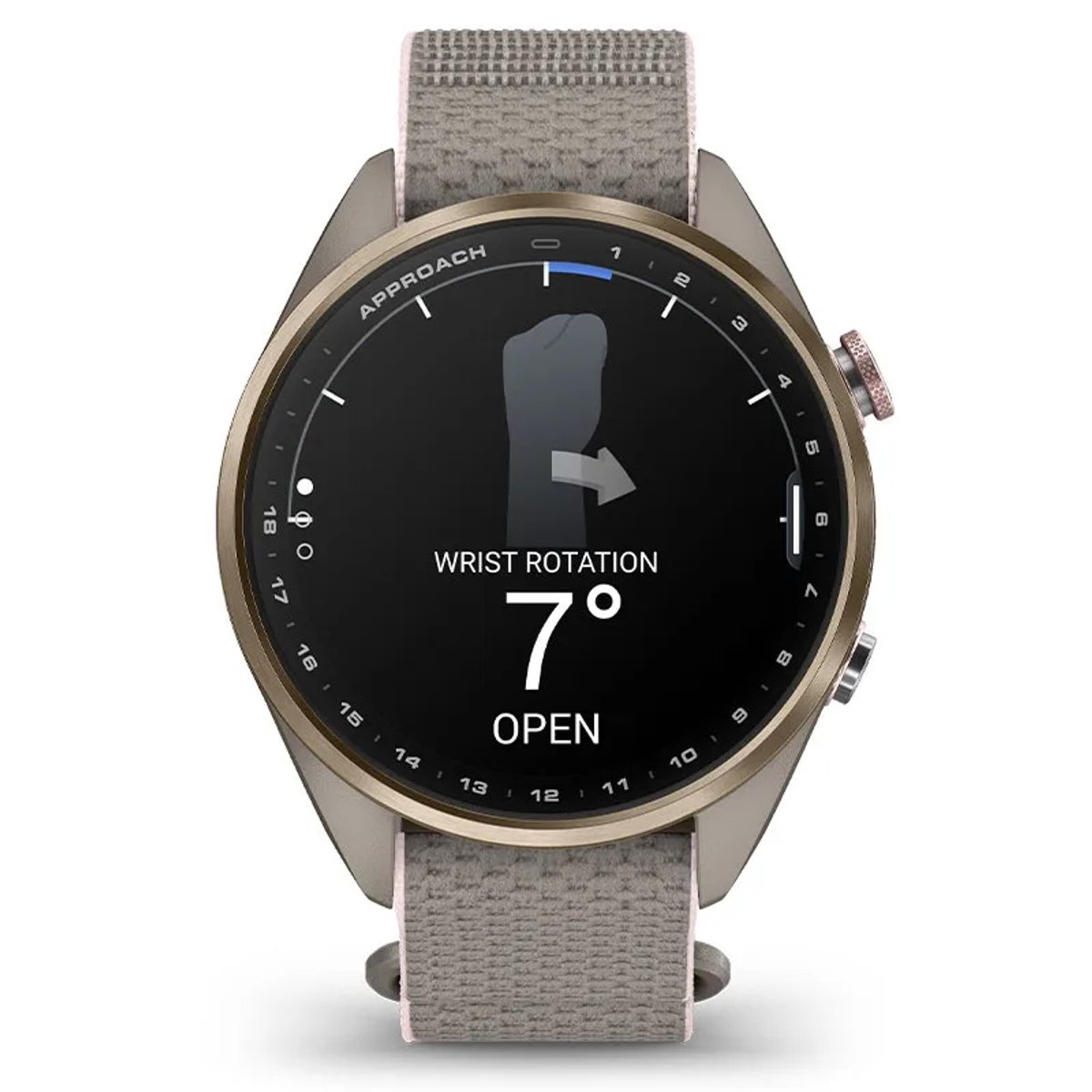 Garmin Approach S72 highlights the swing metrics, showing a 7 degree wrist rotation.