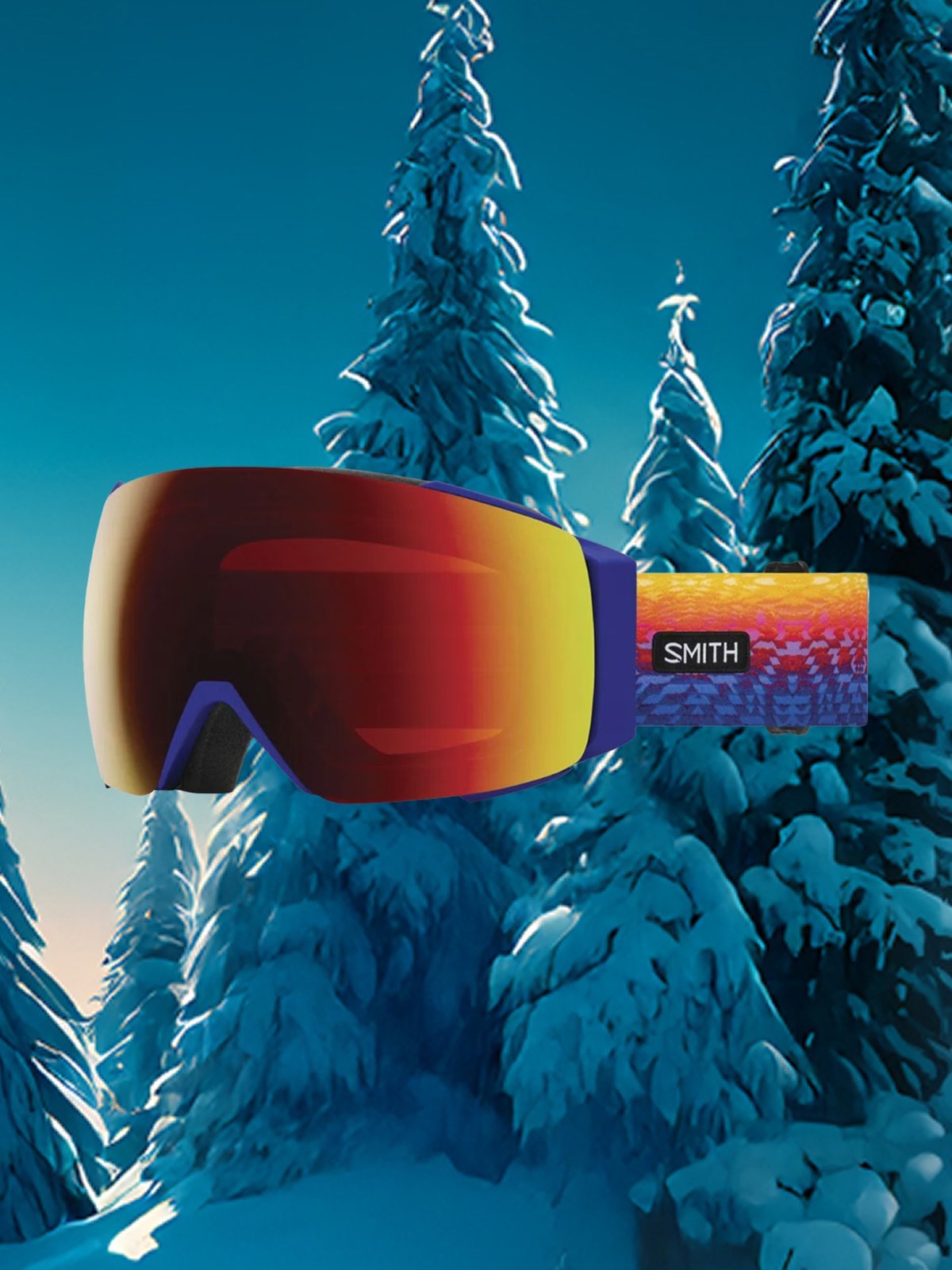 Sunset-themed Smith goggles with red reflective lenses.