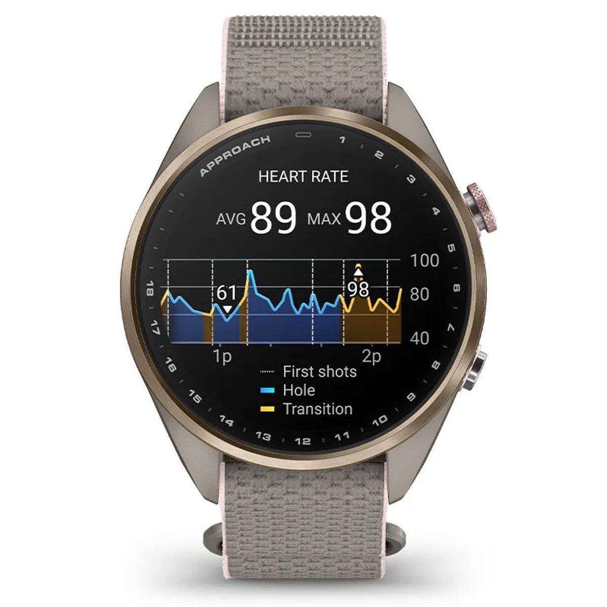 The Garmin Approach S72 shows the golf biometric data screen, which shows stats such as heart rate and a life graph.