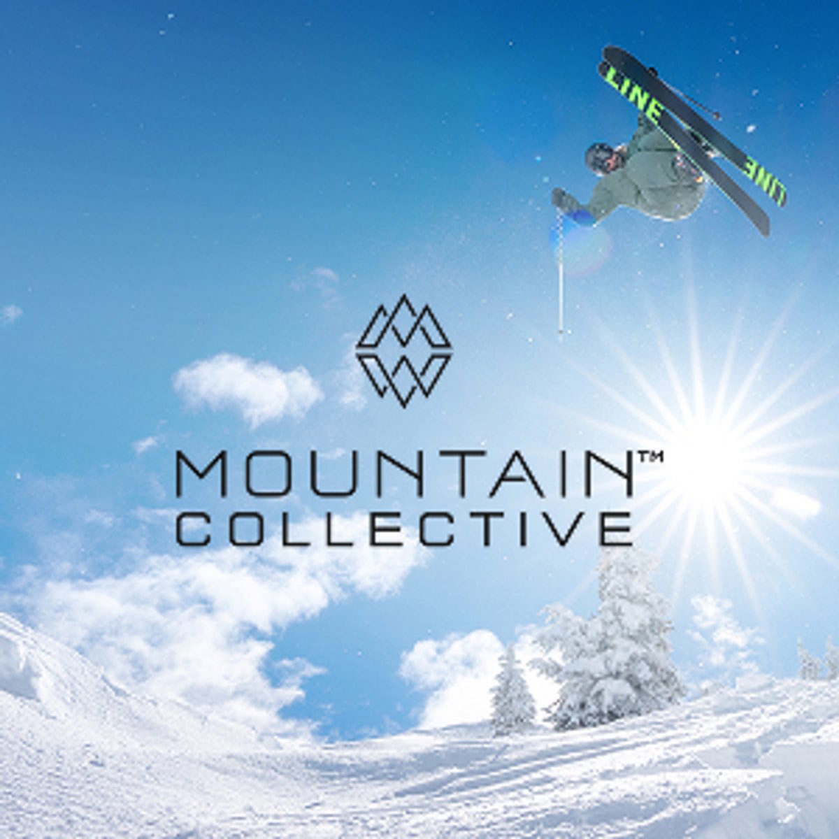 Skier airborne with crossed skis above a snowy slope with frosted trees and a sunburst, featuring the Mountain Collective logo.