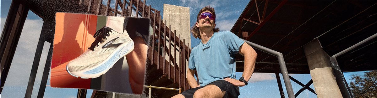 Male runner wearing sunglasses sitting taking a break with a smaller image featuring Brooks ghost 18 shoe.