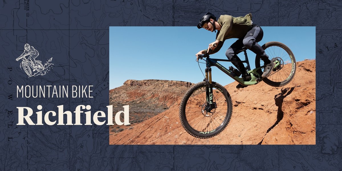 A mountain biker descends a rugged slope on a mountain bike. There is a topographic frame around the image. Text overlay reads: Mountain Bike Richfield
