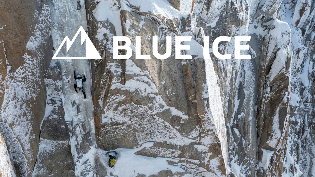 Ice climbers ascend a frozen waterfall in a narrow rocky canyon with a mountain logo and "Blue Ice" logo overlay.