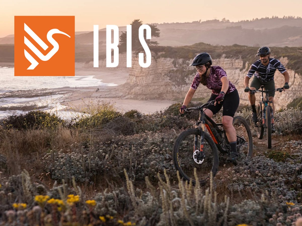 Two mountian bikers riding a trail next to flowers and cactus along an ocean cliff with Ibis bird logo overlay.