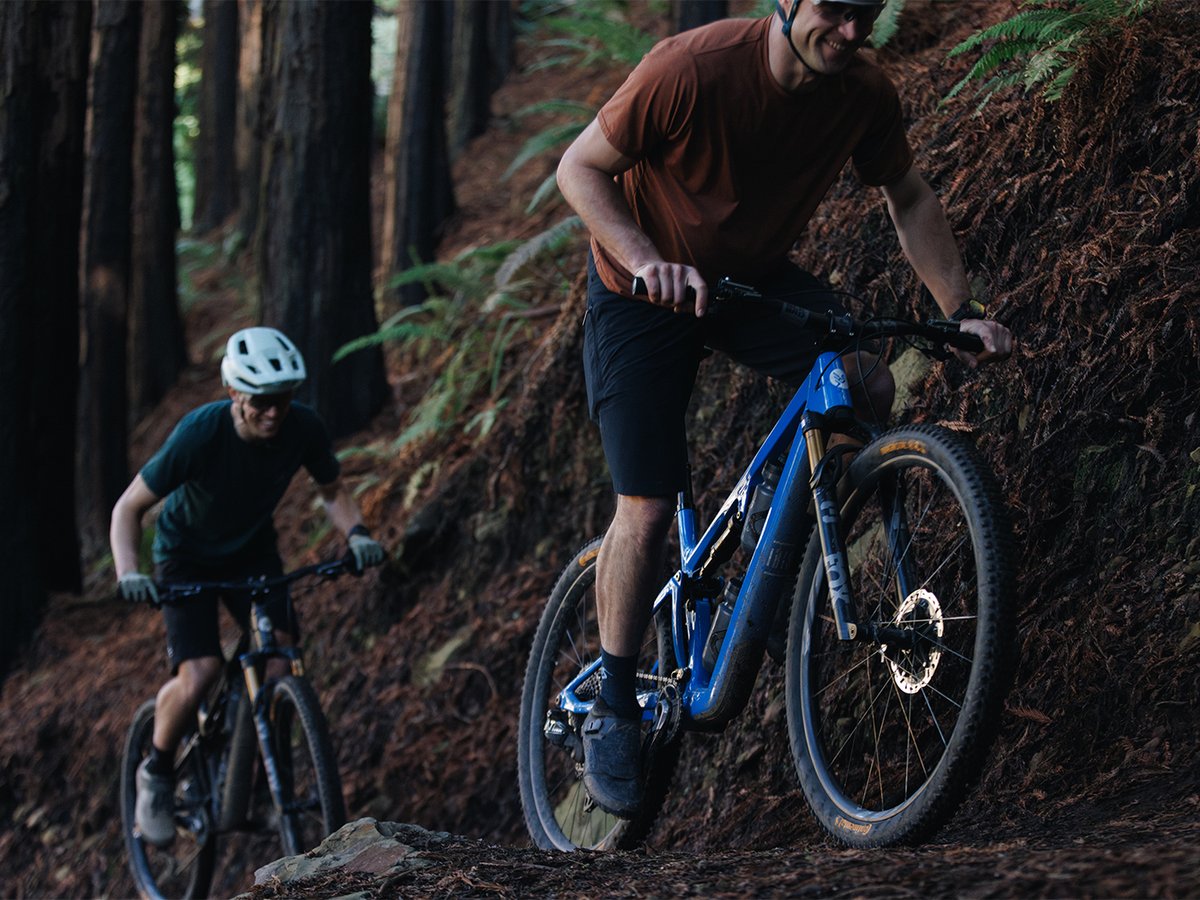 Two riders climbing in a dark forest.
