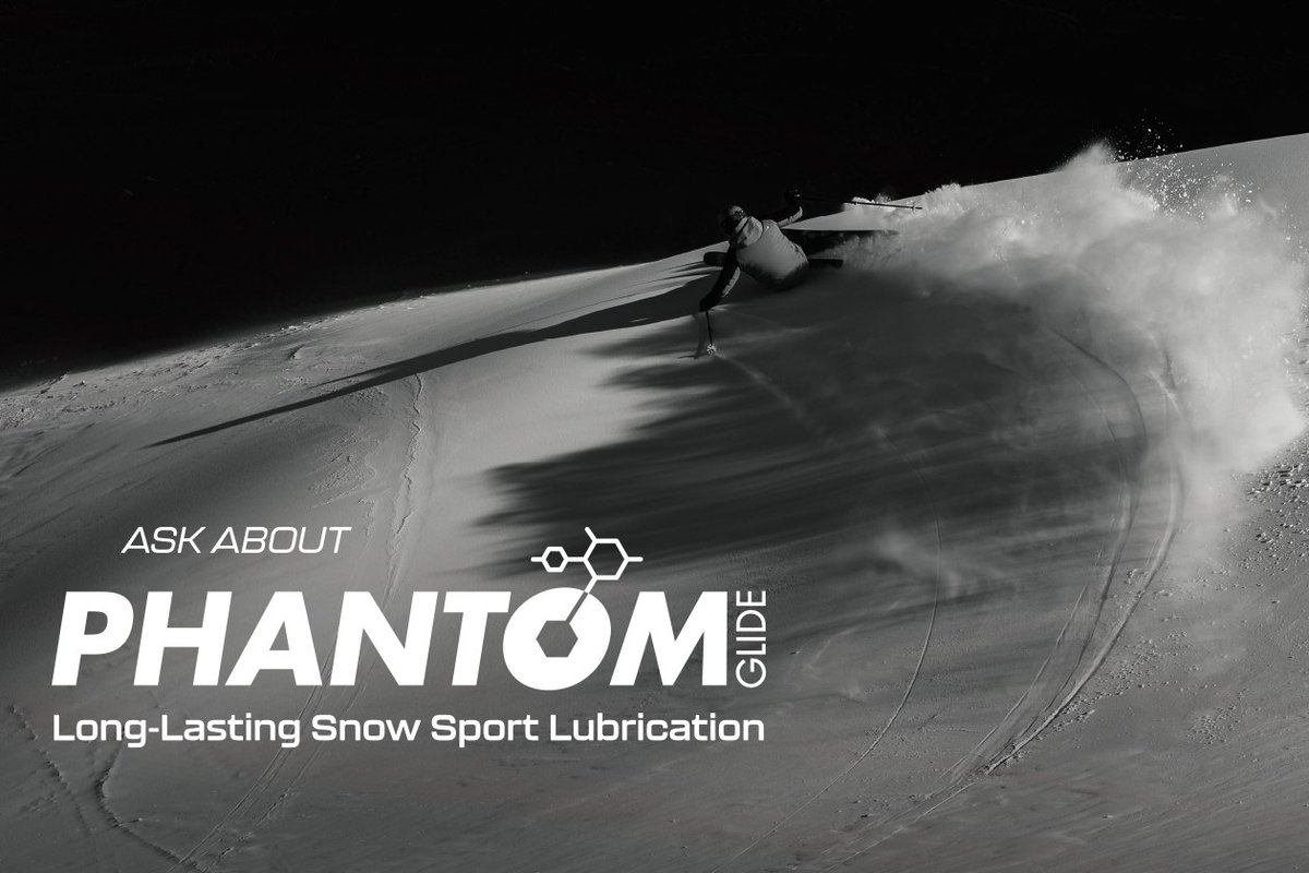 Phantom Glide by DPS Skis logo over a skier carving on groomed snow