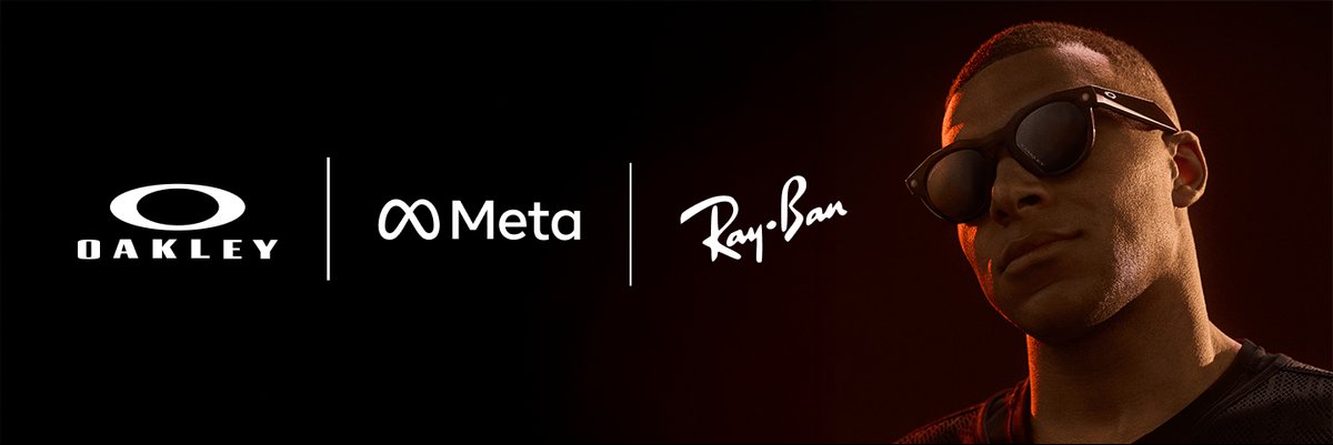 A man wears the new Oakley Meta sunglasses, there is a logo for Oakley and Meta with a dark background