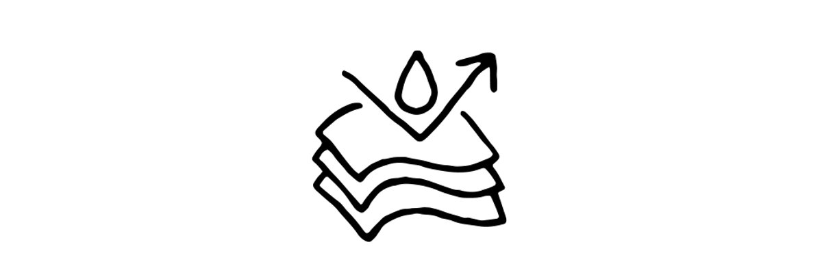 A line drawing of a raindrop bouncing onto and then off of three layers of fabric.