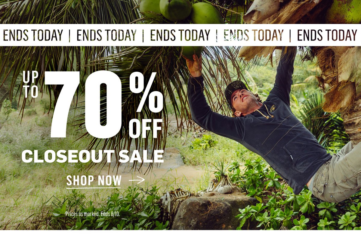 Man climbing a coconut palm in a lush tropical landscape. Closeout Sale — up to 70% off. Ends Today.