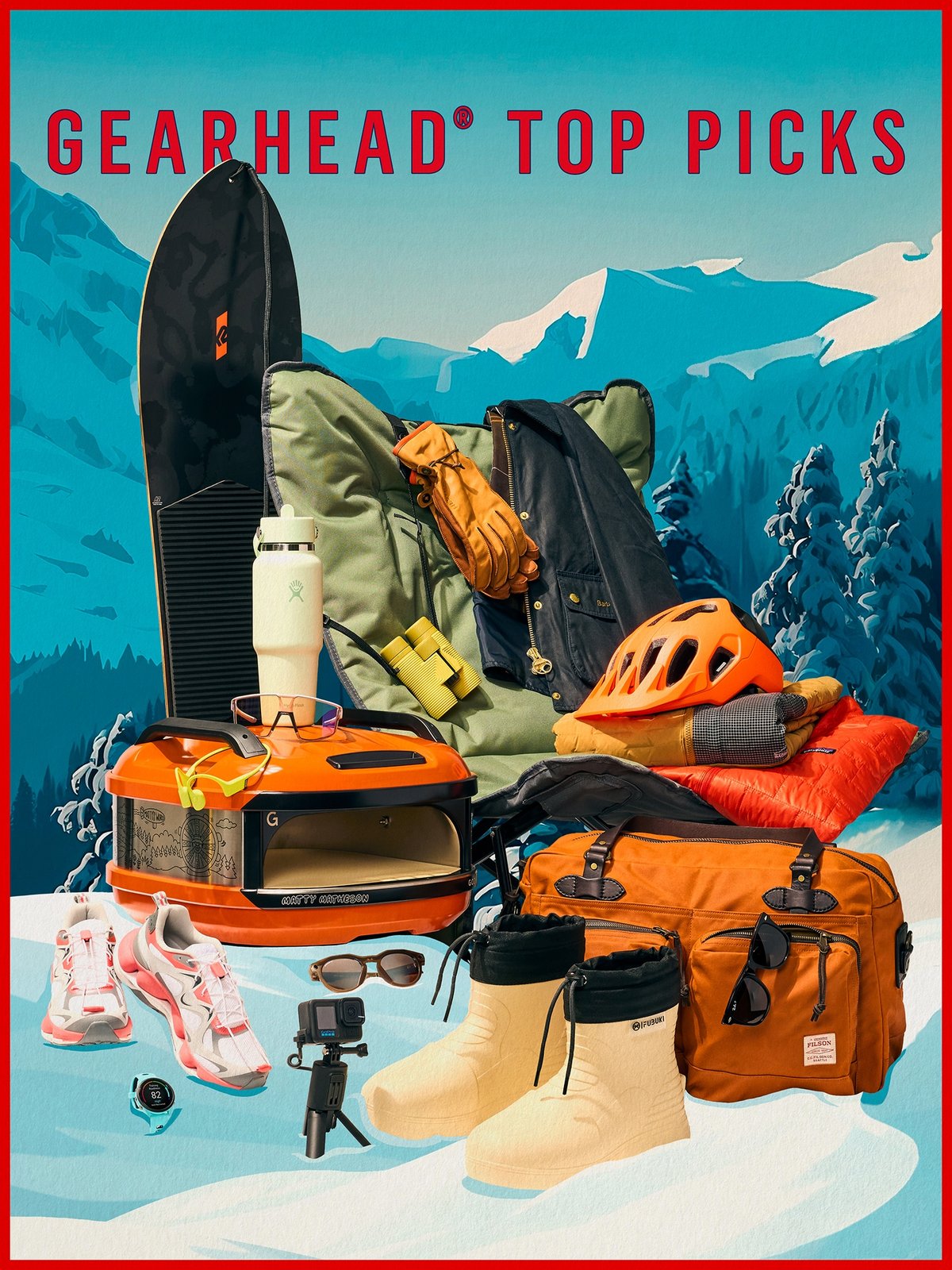 A vintage-feeling poster with a collection of gear: winter boots, an outdoor pizza oven, a snowboard, duffel bag, camp chair, sleeping bag, and bike helmet. Behind the pile the words Gearhead Top picks appear above illustrated snowy mountains and pine trees.