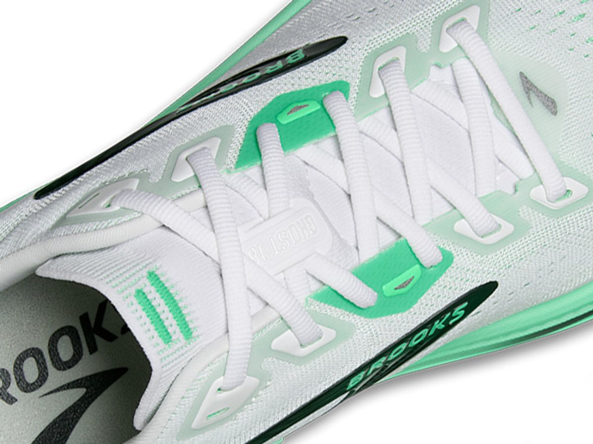 Detail of Ghost 18 Running shoe upper including tongue and laces.