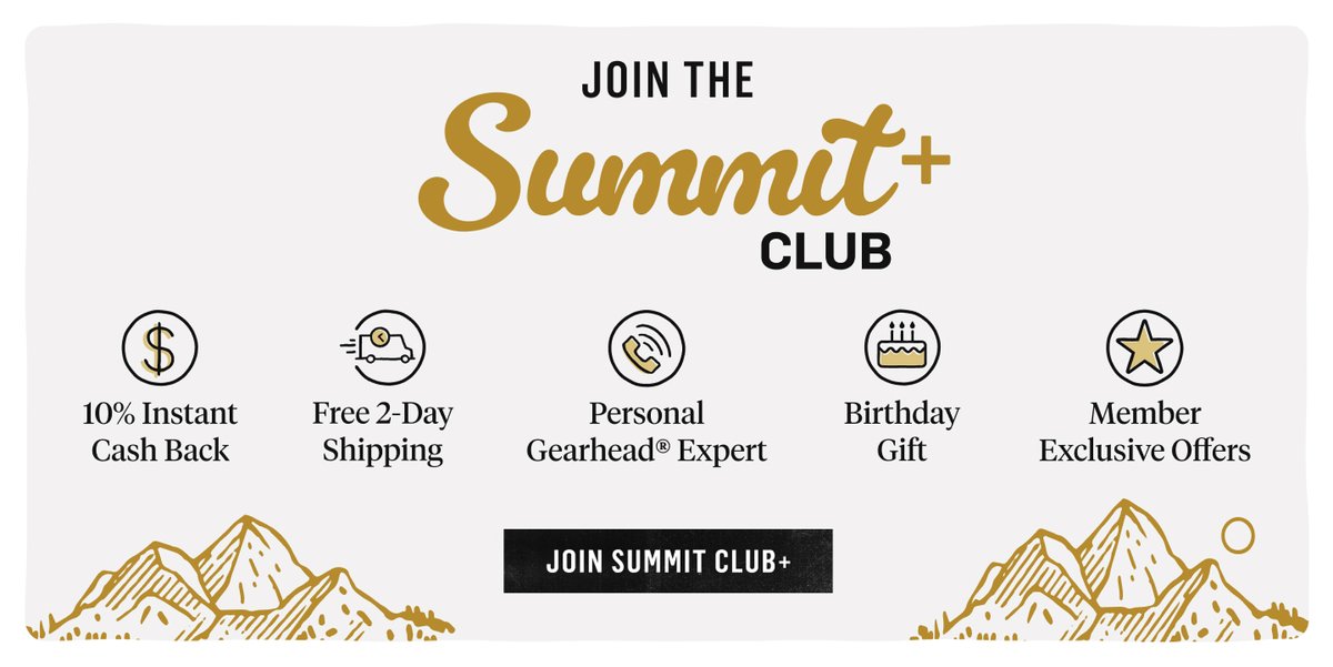 A promotional banner reads "Join the Summit+ Club" and lists benefits such as "10% instant cash back," "Free 2-day shipping," "Personal Gearhead® expert," "Birthday gift," and "Member exclusive offers," with related icons above stylized illustrations of gold mountains. A black button in the center says "Join Summit Club+."