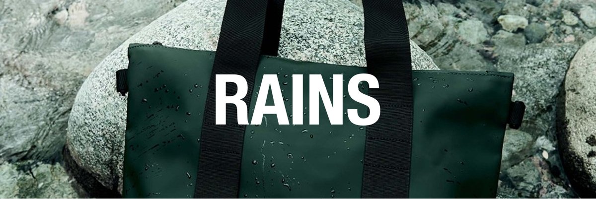 A black bag with the word “RAINS” on it.