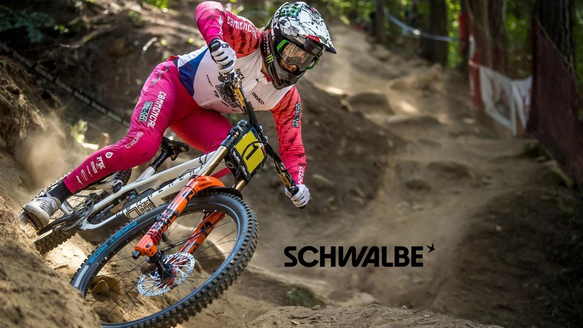 Professional downhill mountain biker in pink racing gear riding an orange and blue bike on a dusty forest trail with Schwalbe branding visible.