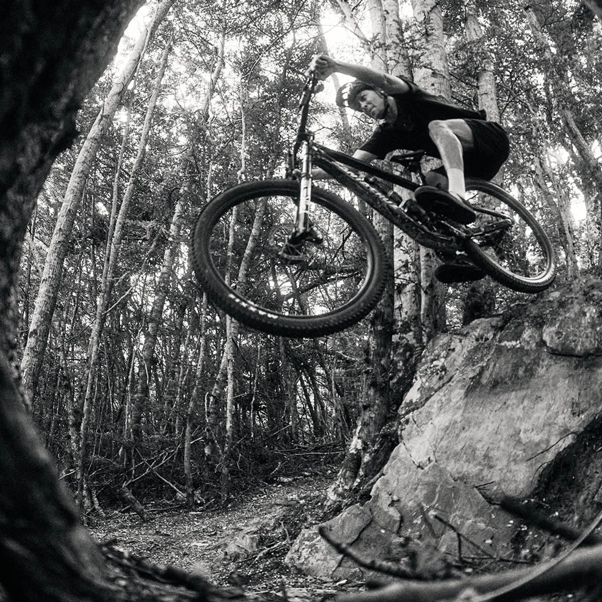 Black-and-white fisheye shot of a mountain biker launching off a rocky outcrop in a dense forest, bike fully airborne above the trail.